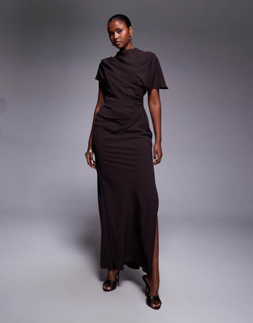 ASOS DESIGN high neck draped bodice cape maxi dress in chocolate, 2 of 4