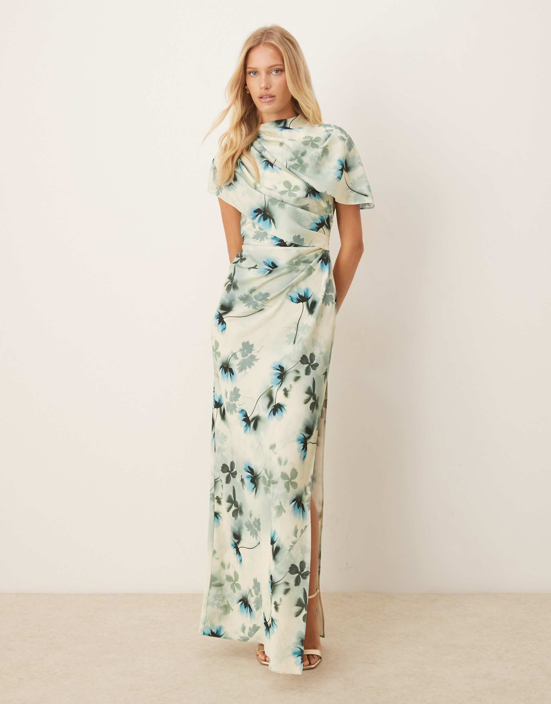 asos design high neck draped bodice cape maxi dress in green floral print