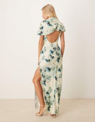 Asos Design High Neck Draped Bodice Cape Maxi Dress In Multi