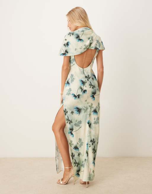 ASOS DESIGN high neck draped bodice cape maxi dress in green floral print