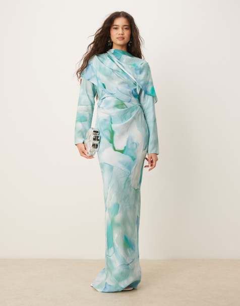 ASOS DESIGN high neck draped bodice maxi dress in green abstract print - view 1