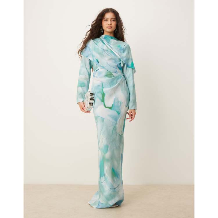 asos design high neck draped satin maxi dress ASOS DESIGN premium high neck maxi dress with drape sleeves in dark blue