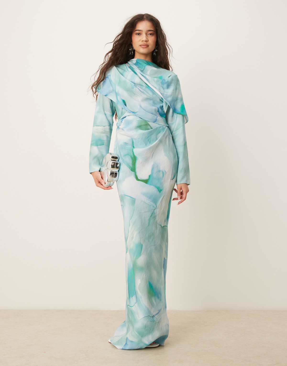 ASOS DESIGN high neck draped bodice maxi dress in green abstract print