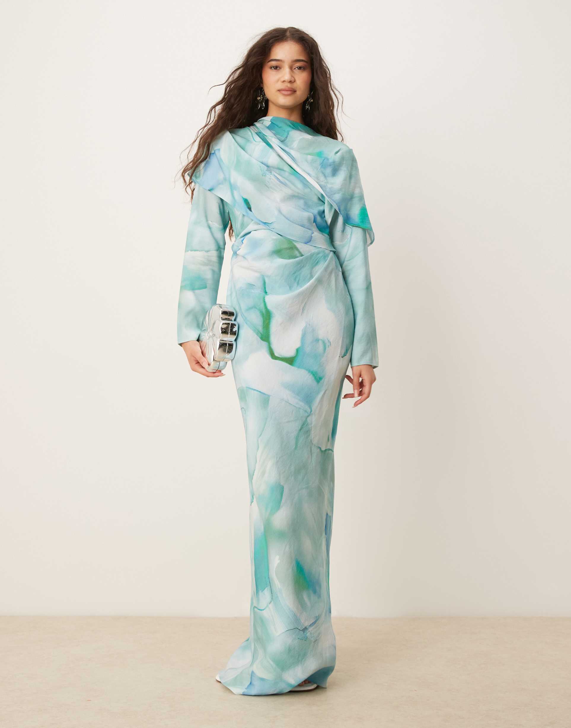 asos design high neck draped bodice maxi dress in green abstract print