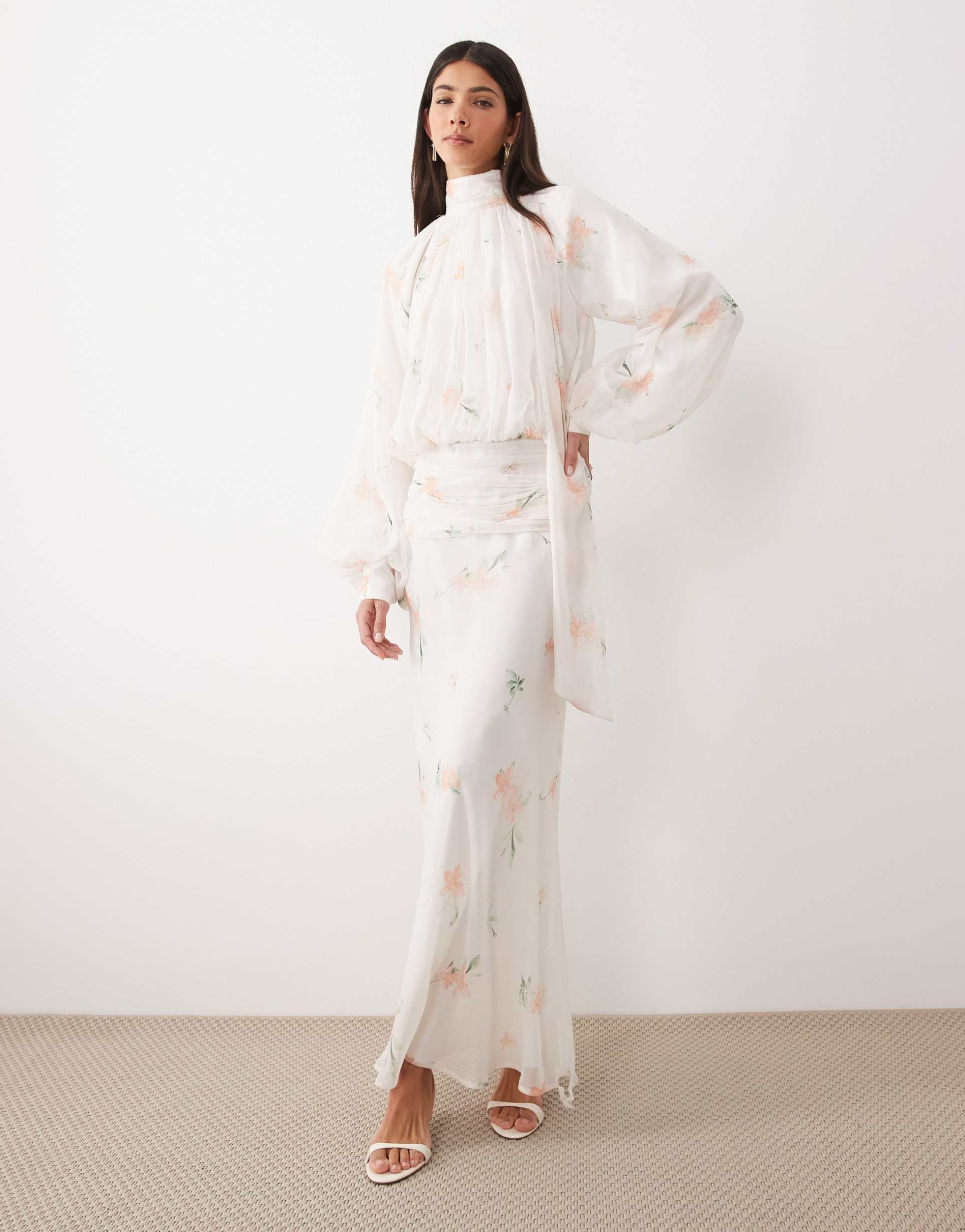 asos design high neck draped chiffon maxi dress with neck tie in pink floral print