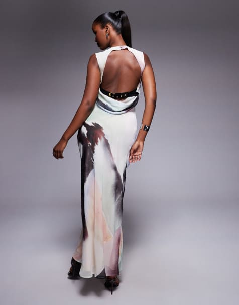 ASOS DESIGN high neck draped column maxi dress with low cowl back and belt strap detail in blurred abstract print - view 1
