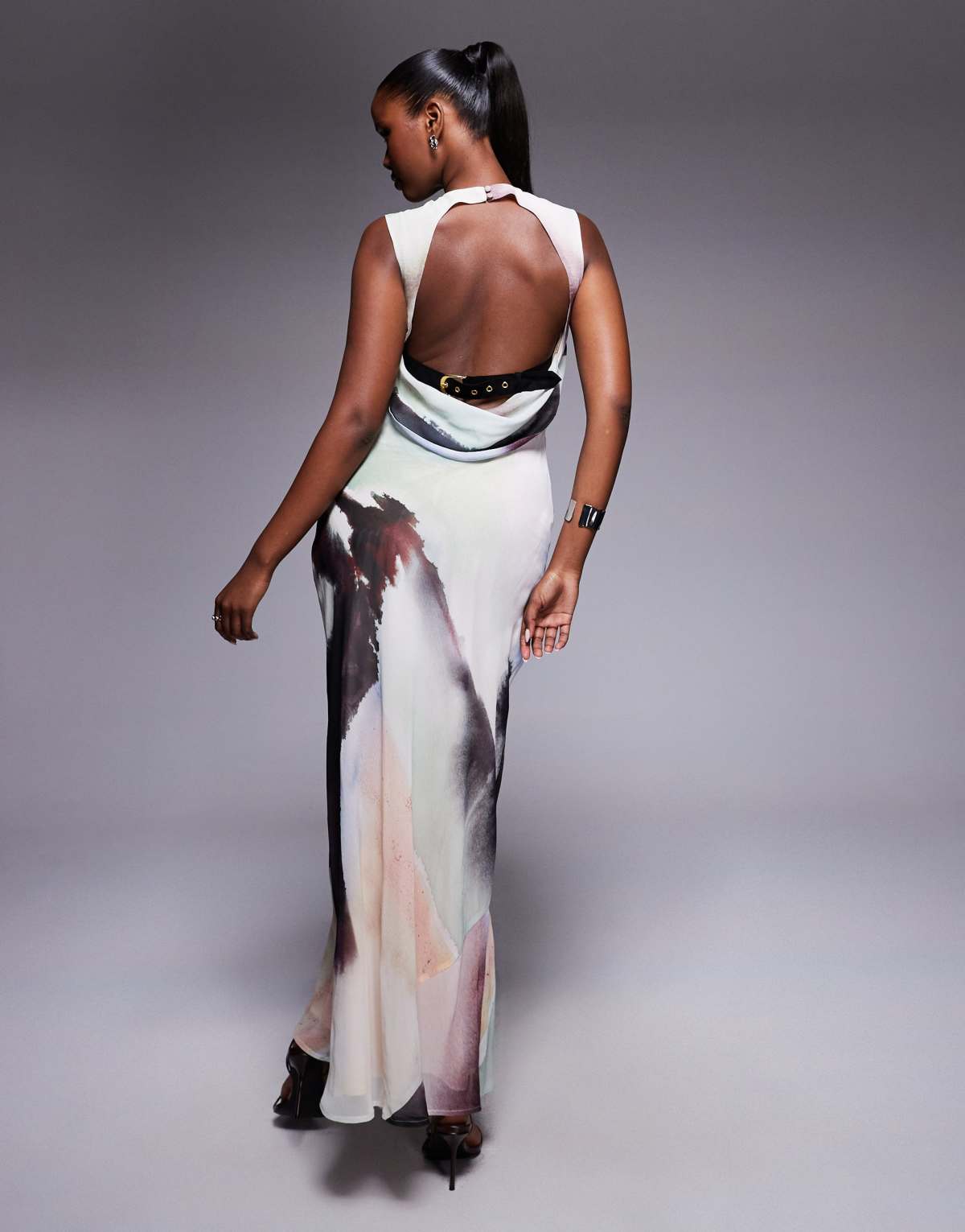 ASOS DESIGN high neck draped column maxi dress with low cowl back and belt strap detail in blurred abstract print