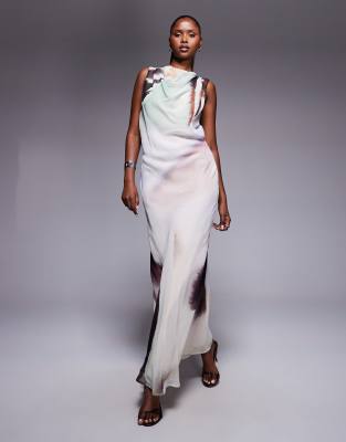 Asos Design High Neck Draped Column Maxi Dress With Low Cowl Back And Belt Strap Detail In Multi