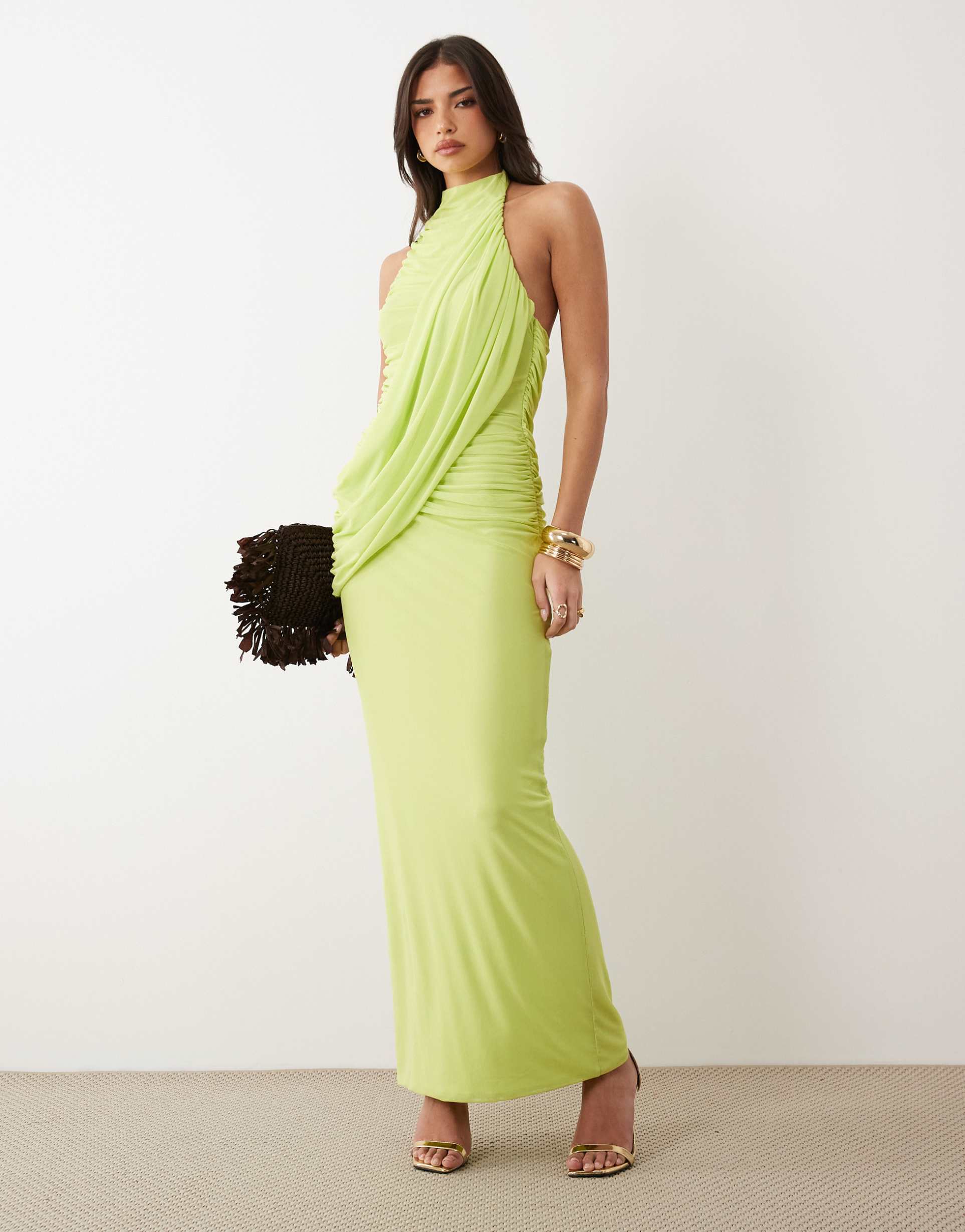 asos design high neck draped maxi dress in lime
