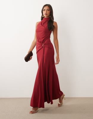 Asos Design High Neck Draped Maxi Dress With Trim Detail In Red