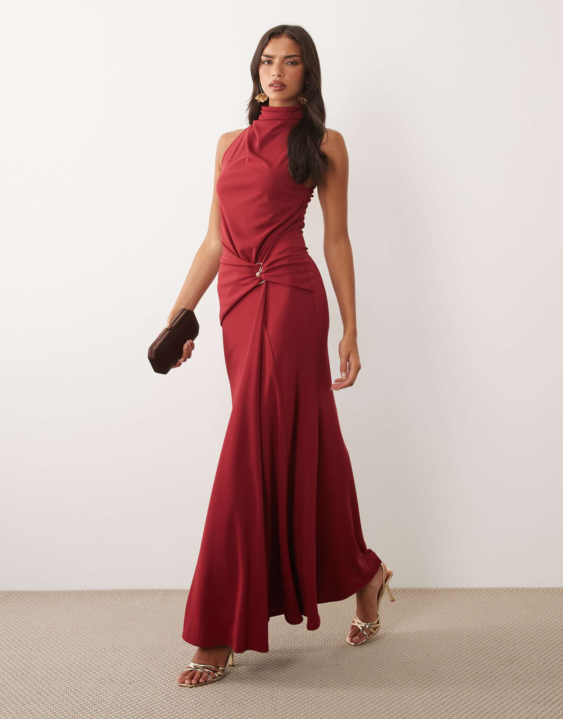 asos design high neck draped maxi dress with trim detail in rust red