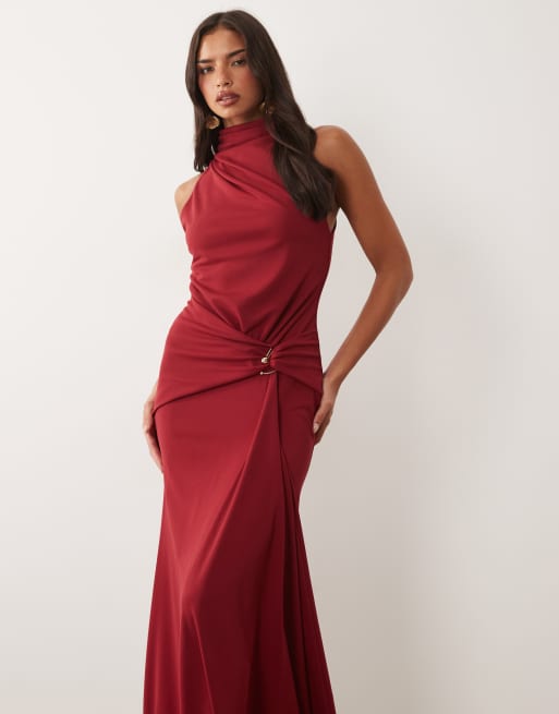 asos design high neck draped satin maxi dress ASOS DESIGN draped long sleeve cross front high neck satin maxi dress in  cedar green
