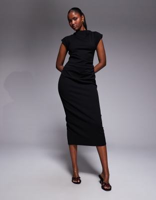 Asos Design High Neck Draped Midi Dress In Black