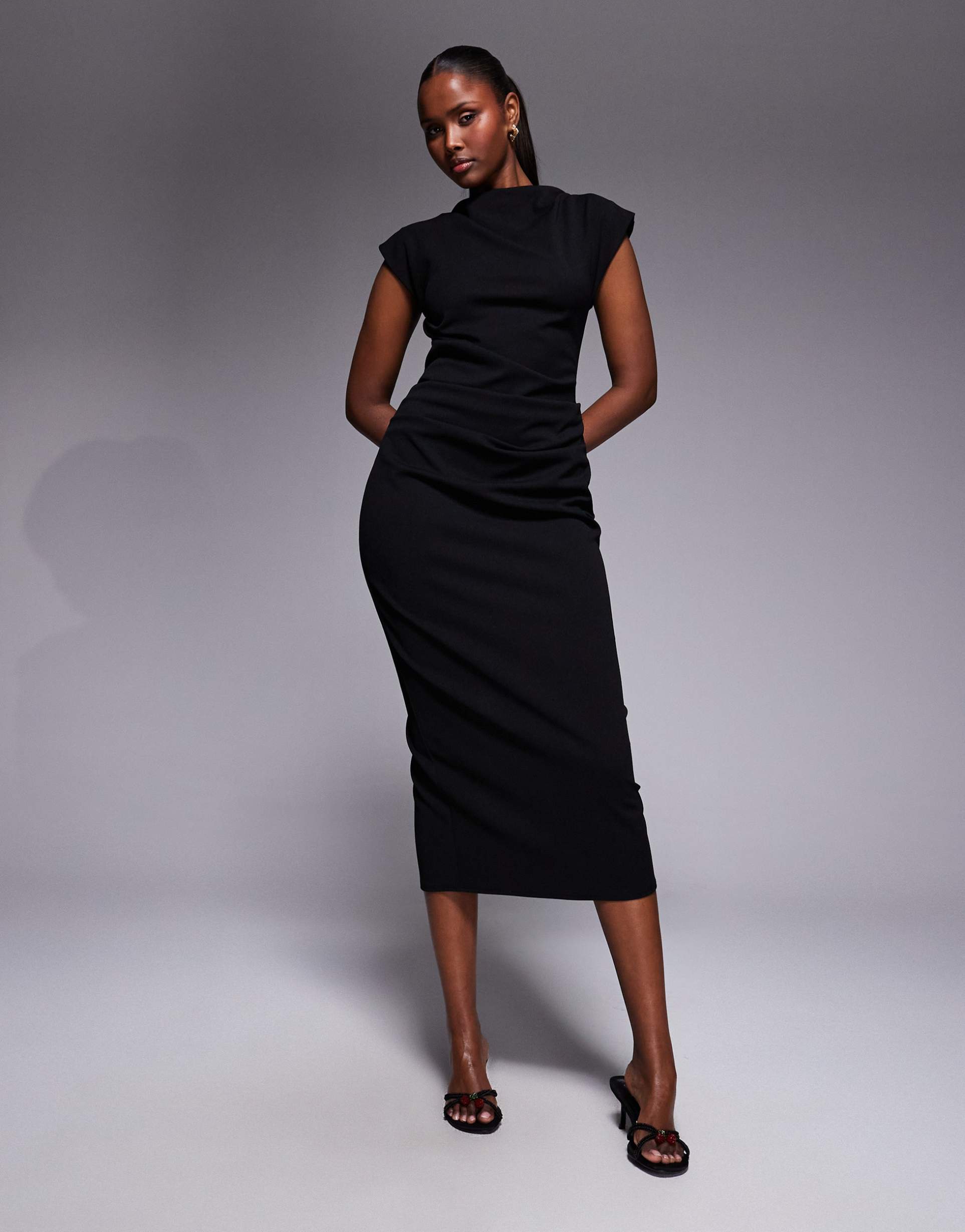 asos design high neck draped midi dress in black