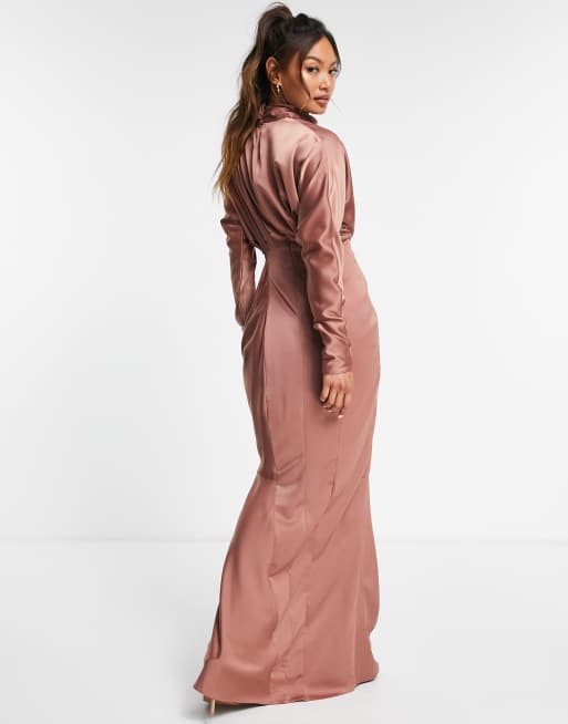 ASOS DESIGN satin high neck drape maxi dress with open back and high split  in wine - ShopStyle