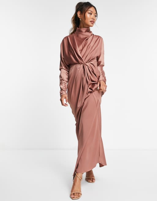 ASOS DESIGN satin high neck drape maxi dress with open back and