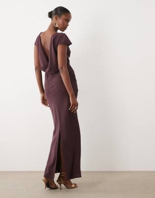 Asos Design High Neck Draped Shoulders Maxi Dress With Cowl Back In Brown