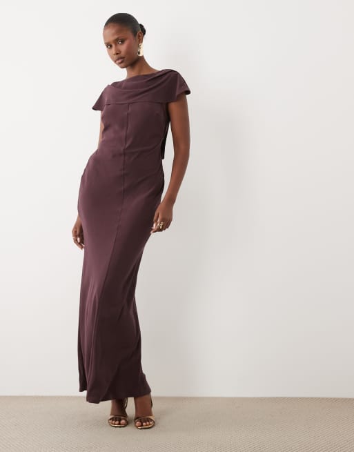 ASOS DESIGN high neck draped shoulders maxi dress with cowl back in fudge brown, 2 of 4