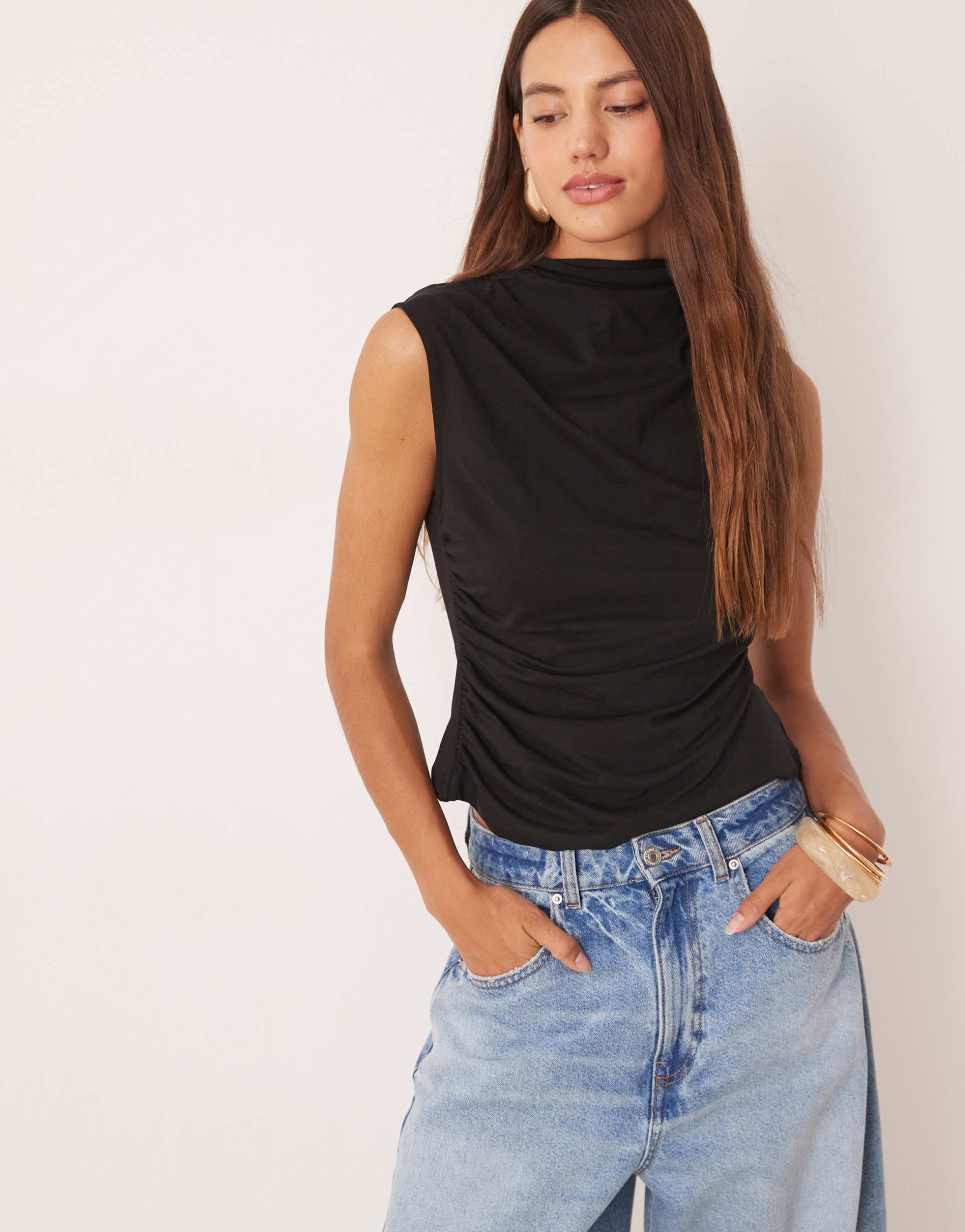asos design high neck draped top with cinched waist in black