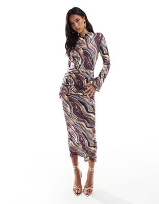 ASOS DESIGN high neck drapey maxi dress with open back in abstract swirl print-Multi