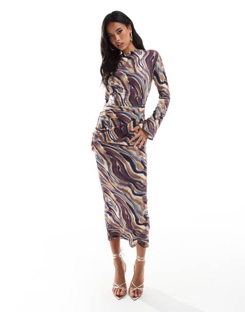 ASOS DESIGN high neck drapey maxi dress with open back in abstract swirl print - view 1