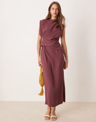 ASOS DESIGN high neck drapey pleated midi dress in mulberry - view 1