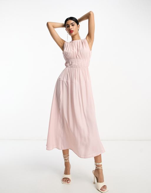 ASOS DESIGN high neck drawstring detail midi dress in light pink