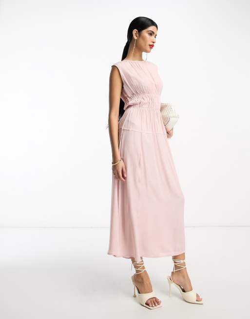 ASOS DESIGN high neck drawstring detail midi dress in light pink