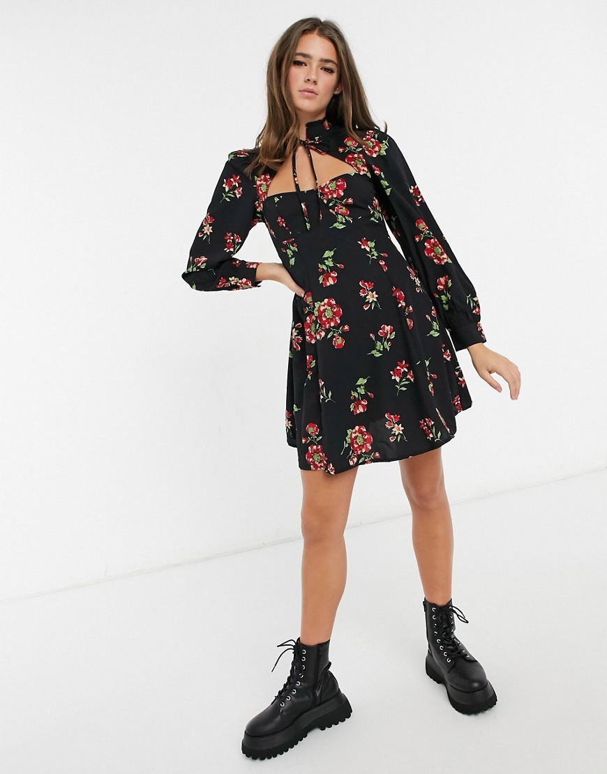 ASOS DESIGN high neck dress with sweetheart cut out detail in floral print-Multi