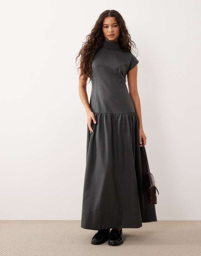 asos grey maxi dress DESIGN high neck drop waist in gray Boho attire