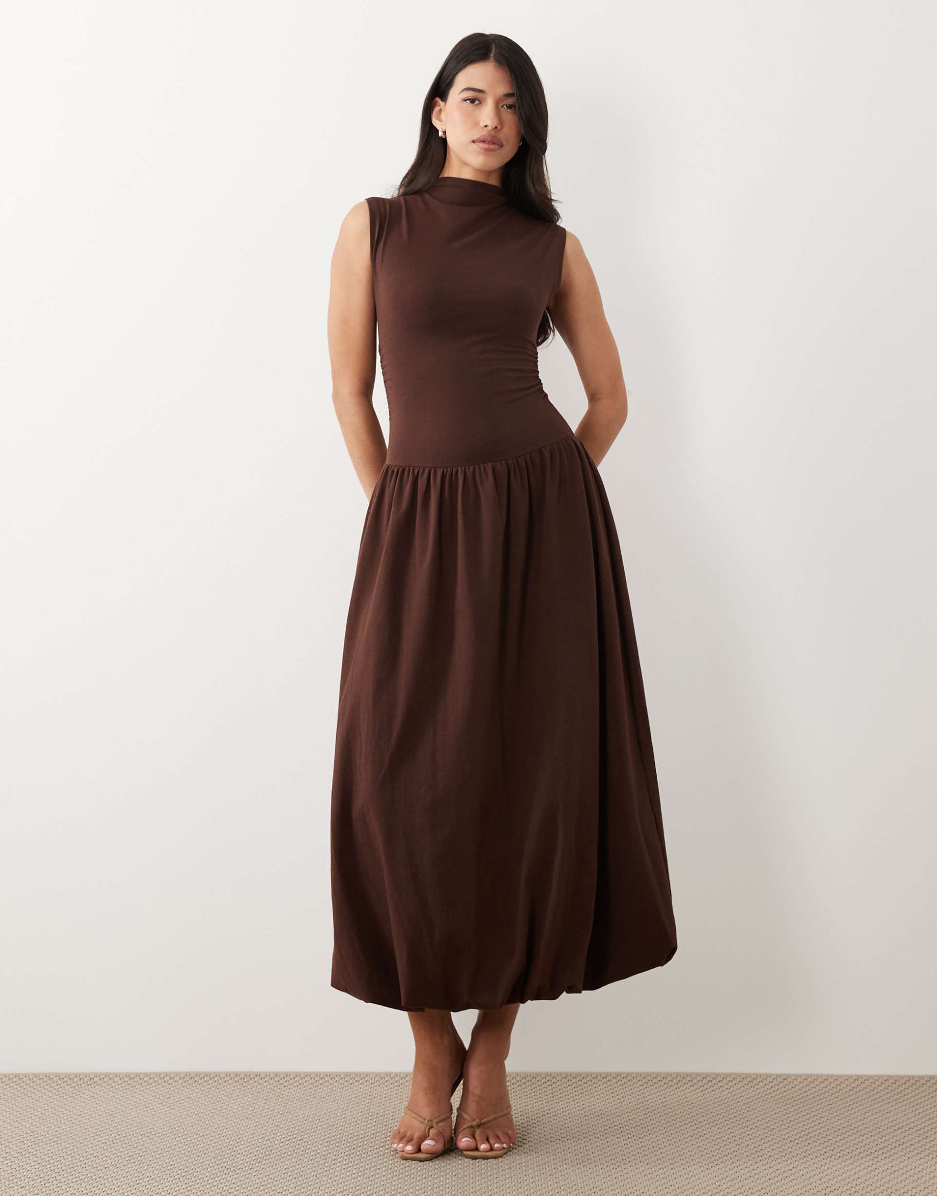 asos design high neck drop waist sleeveless maxi dress in chocolate
