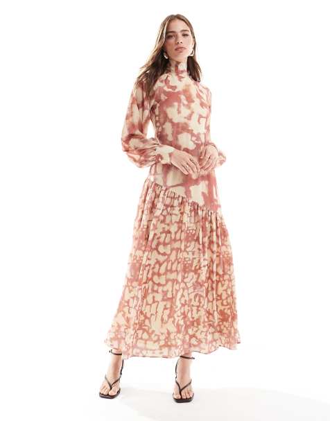 ASOS DESIGN high neck dropped asym seam maxi dress in blurred print - view 1