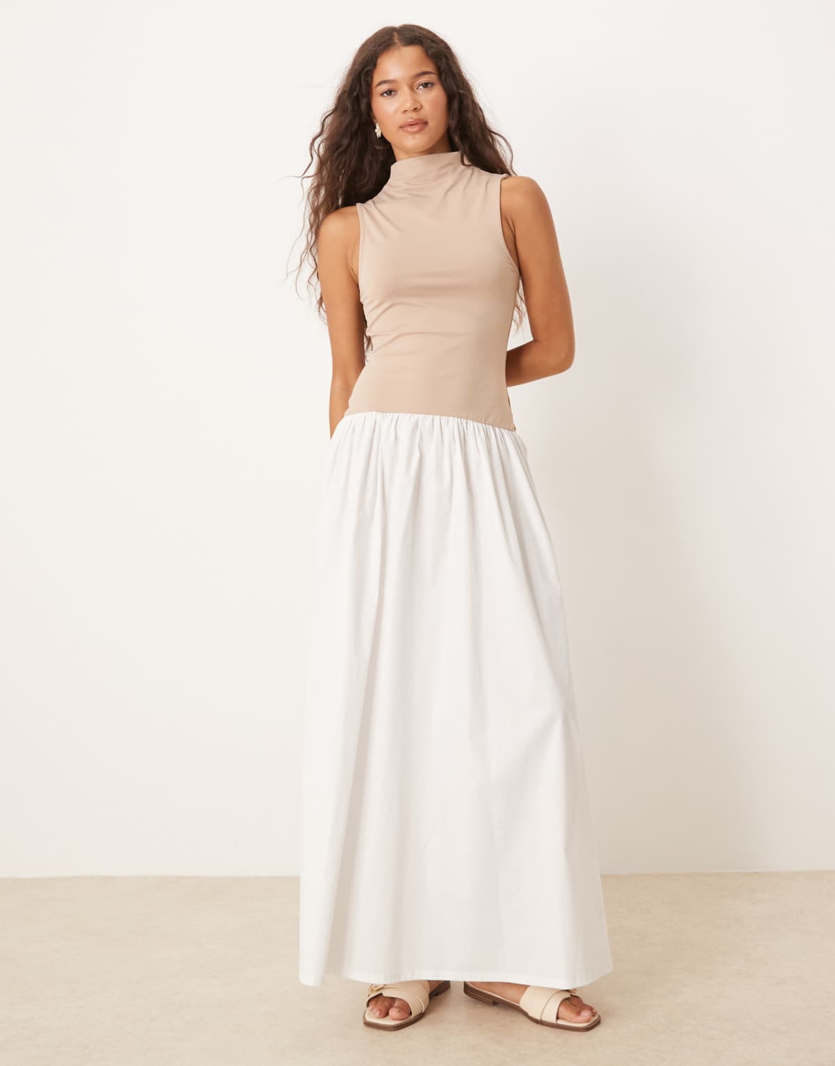 ASOS DESIGN high neck dropped waise midaxi dress with poplin skirt in neutral