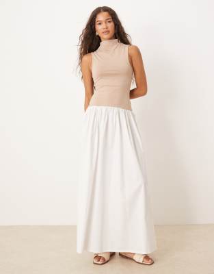 ASOS DESIGN high neck dropped waist midaxi dress with poplin skirt in neutral - view 1