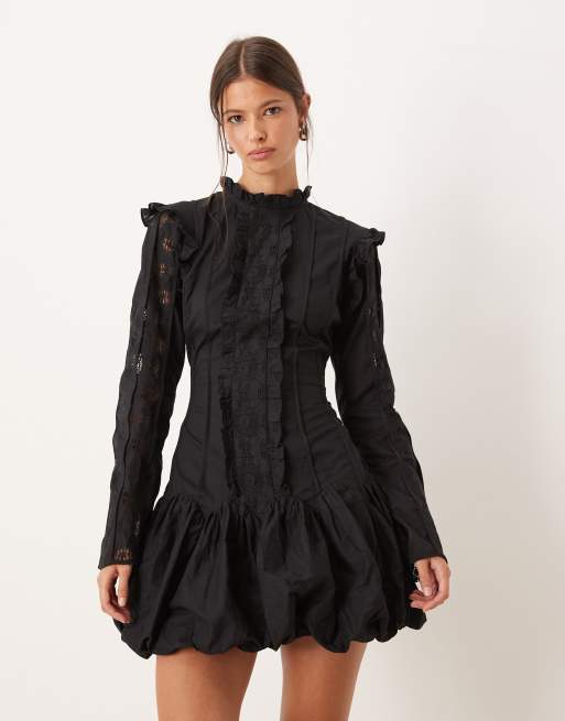 ASOS DESIGN high neck dropped waist mini dress with ruffles and puff skirt in black