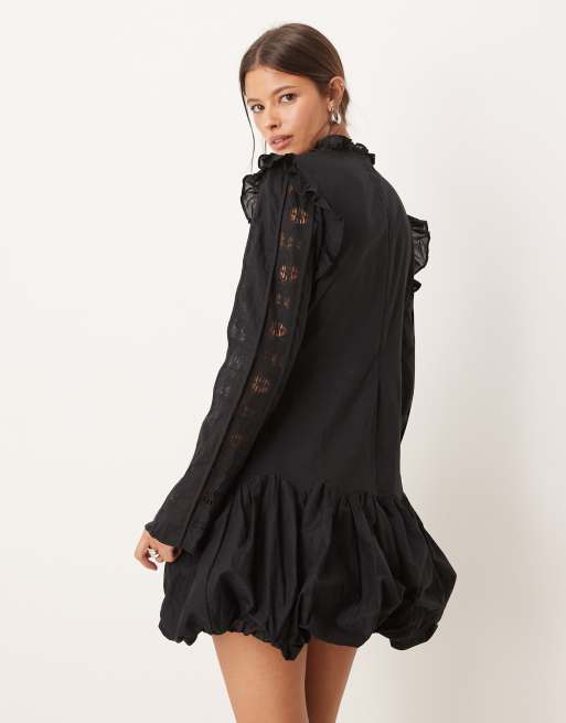 ASOS DESIGN high neck dropped waist mini dress with ruffles and puff skirt in black