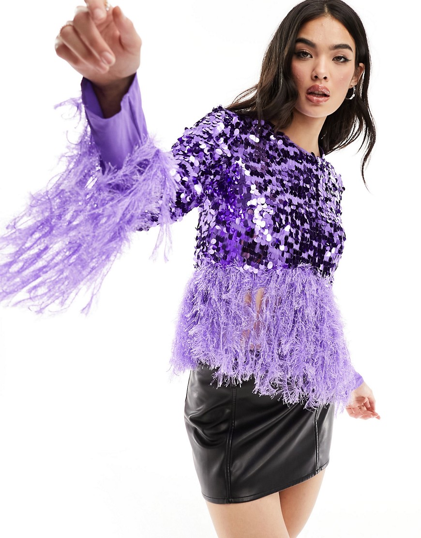 ASOS DESIGN high neck embellished long sleeve top with embellished hem in purple