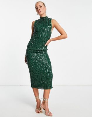 ASOS DESIGN high neck embellished midi dress in plisse sequin in forest green | ASOS