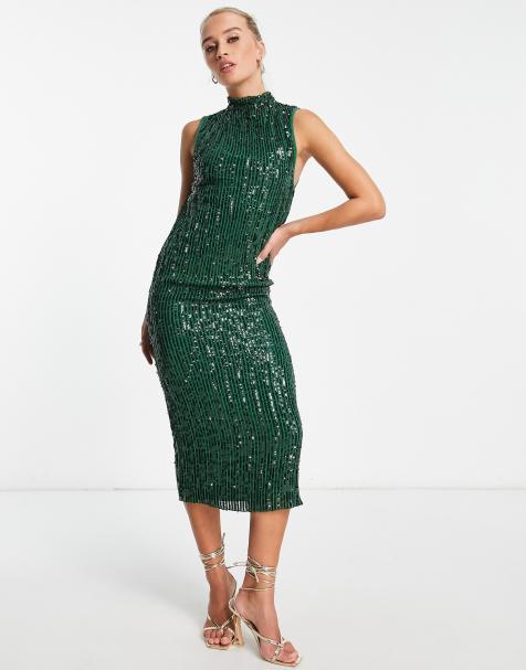 ASOS DESIGN high neck embellished midi dress in plisse sequin in forest green  - view 1