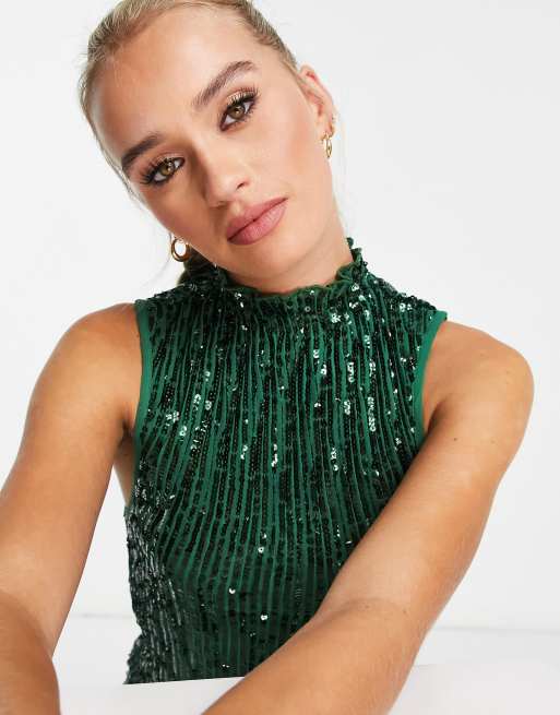 ASOS DESIGN high neck embellished midi dress in plisse sequin in forest  green