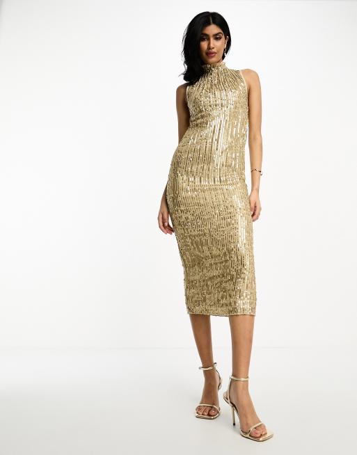 Gold shimmer midi outlet dress