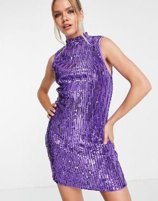 ASOS DESIGN high neck embellished mini dress in plisse sequin in purple