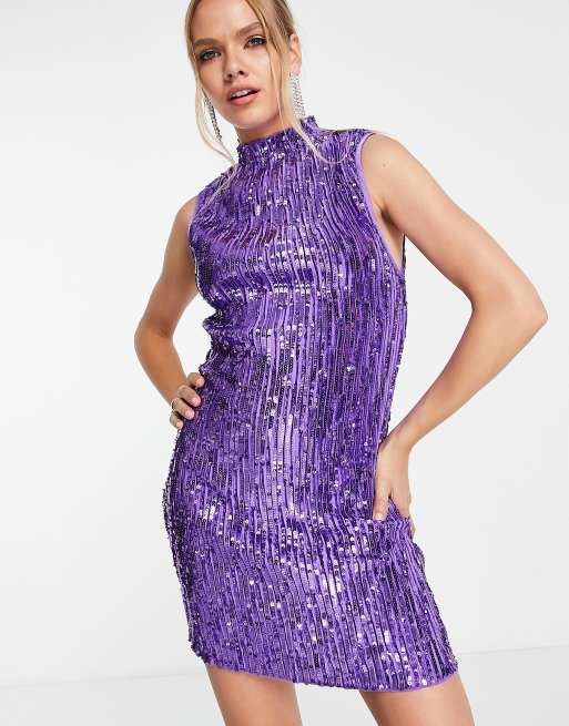 ASOS DESIGN high neck embellished mini dress in plisse sequin in purple ...