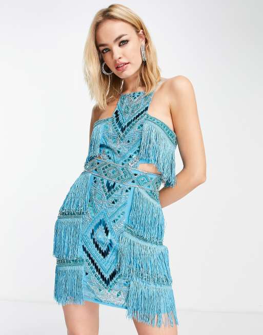 ASOS DESIGN high neck embellished mini dress with fringe in blue