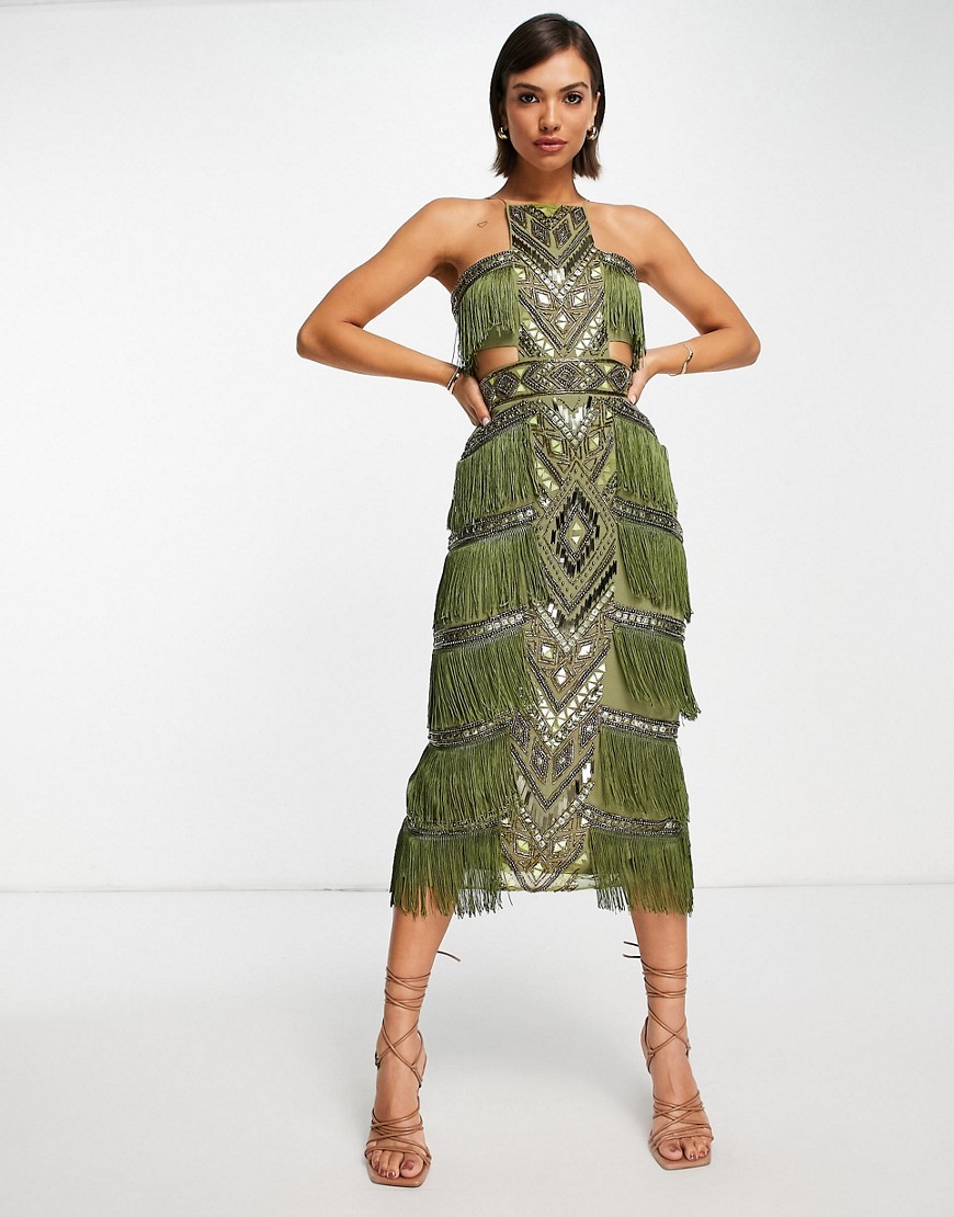 ASOS DESIGN high neck embellished pencil dress with fringe in green