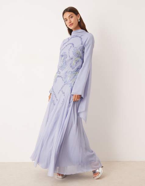 ASOS DESIGN high neck embroidered maxi dress with embellished beading and full godet skirt in blue - view 1