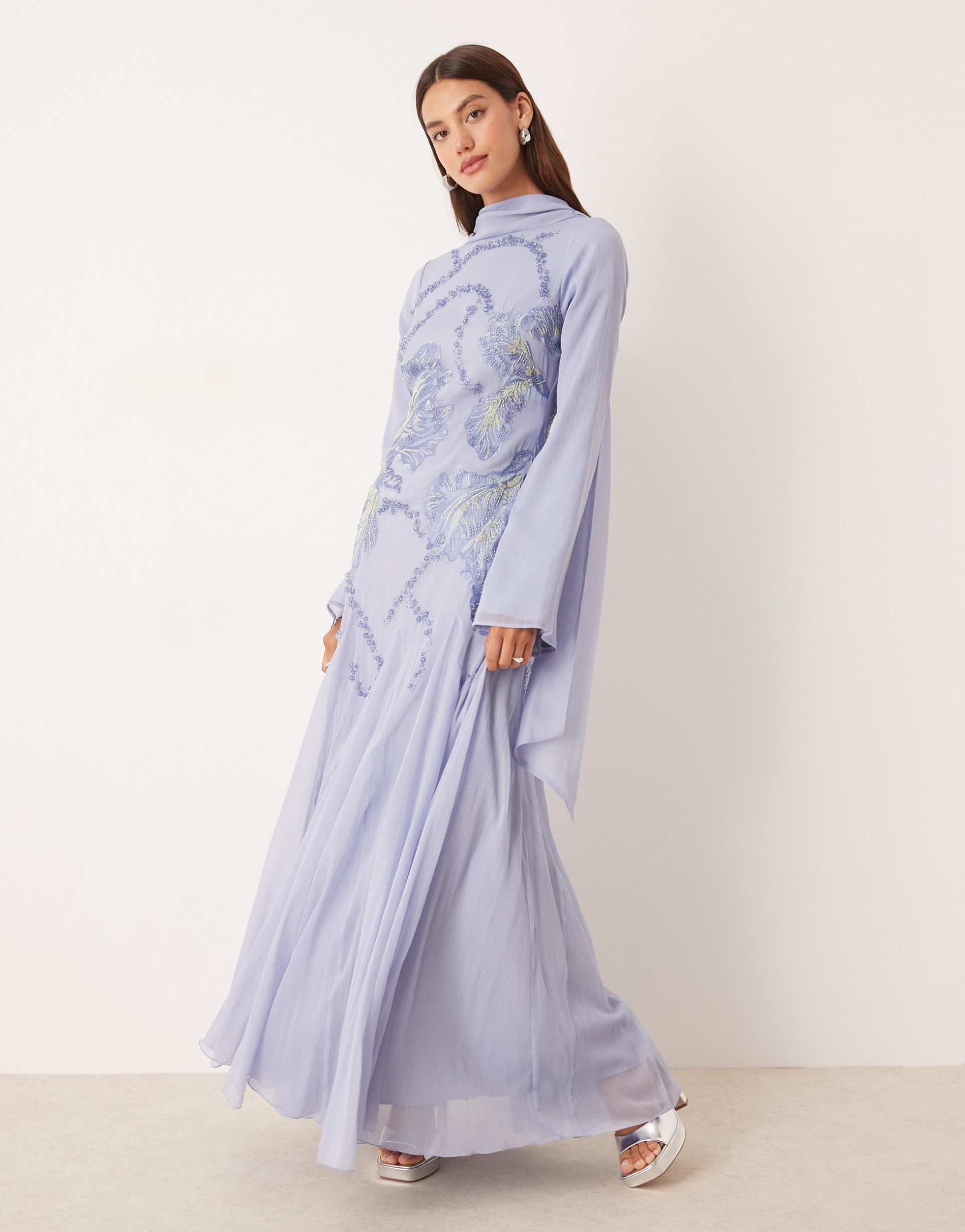 asos design high neck embroidered maxi dress with embellished beading and full godet skirt in blue