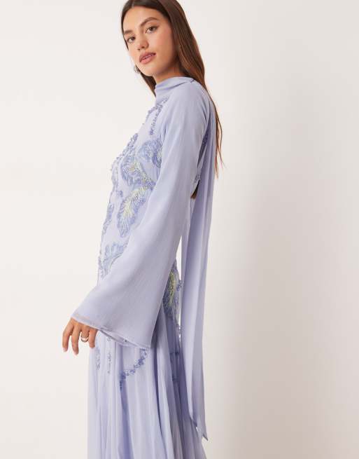ASOS DESIGN high neck embroidered maxi dress with embellished beading and full godet skirt in blue