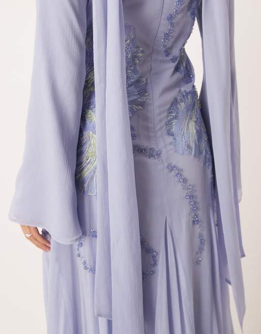 ASOS DESIGN high neck embroidered maxi dress with embellished beading and full godet skirt in blue
