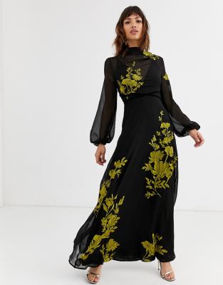 black high neck asymmetric embroidered trim maxi dress